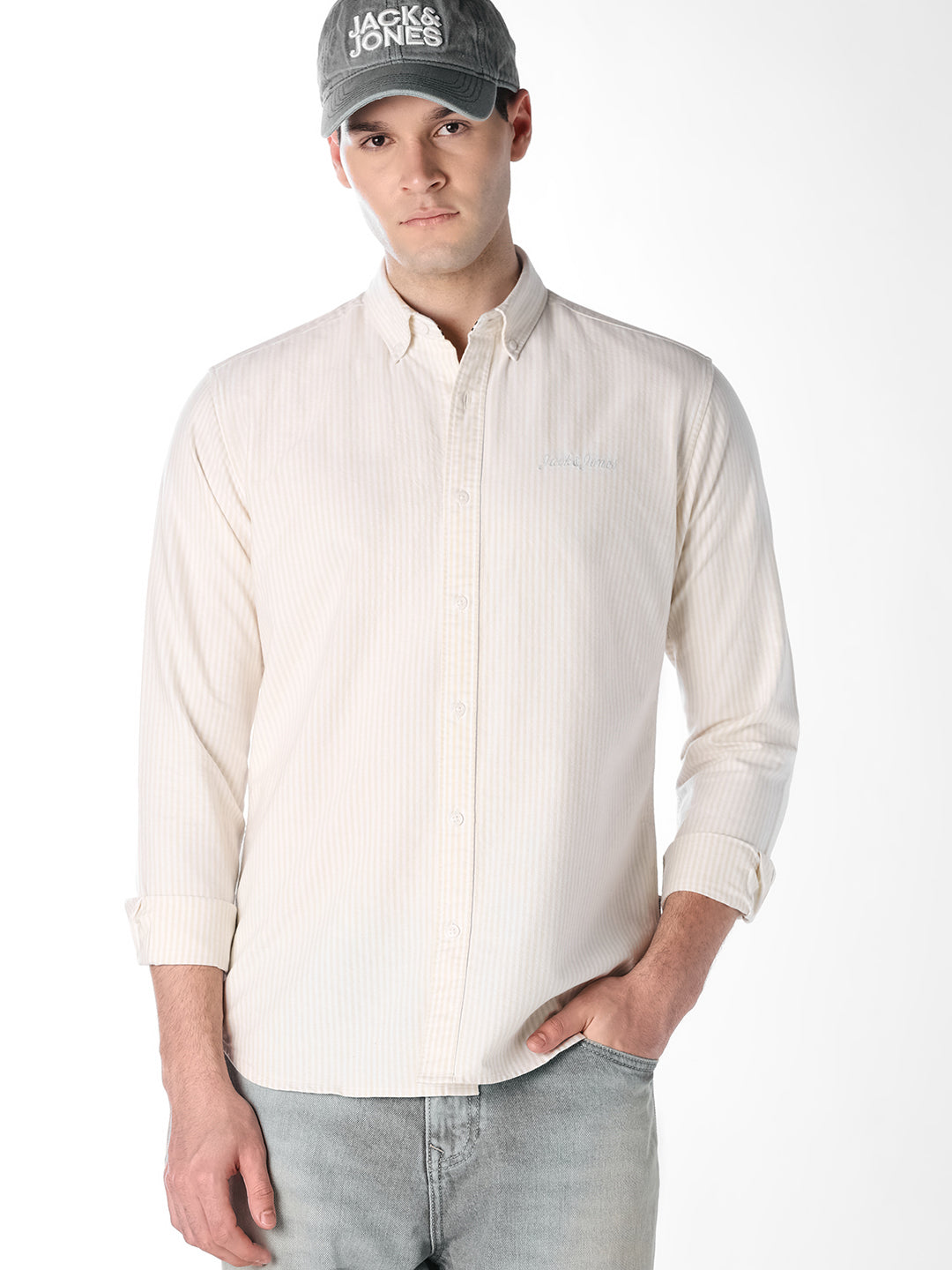 Contrast Neck Band Striped Shirt