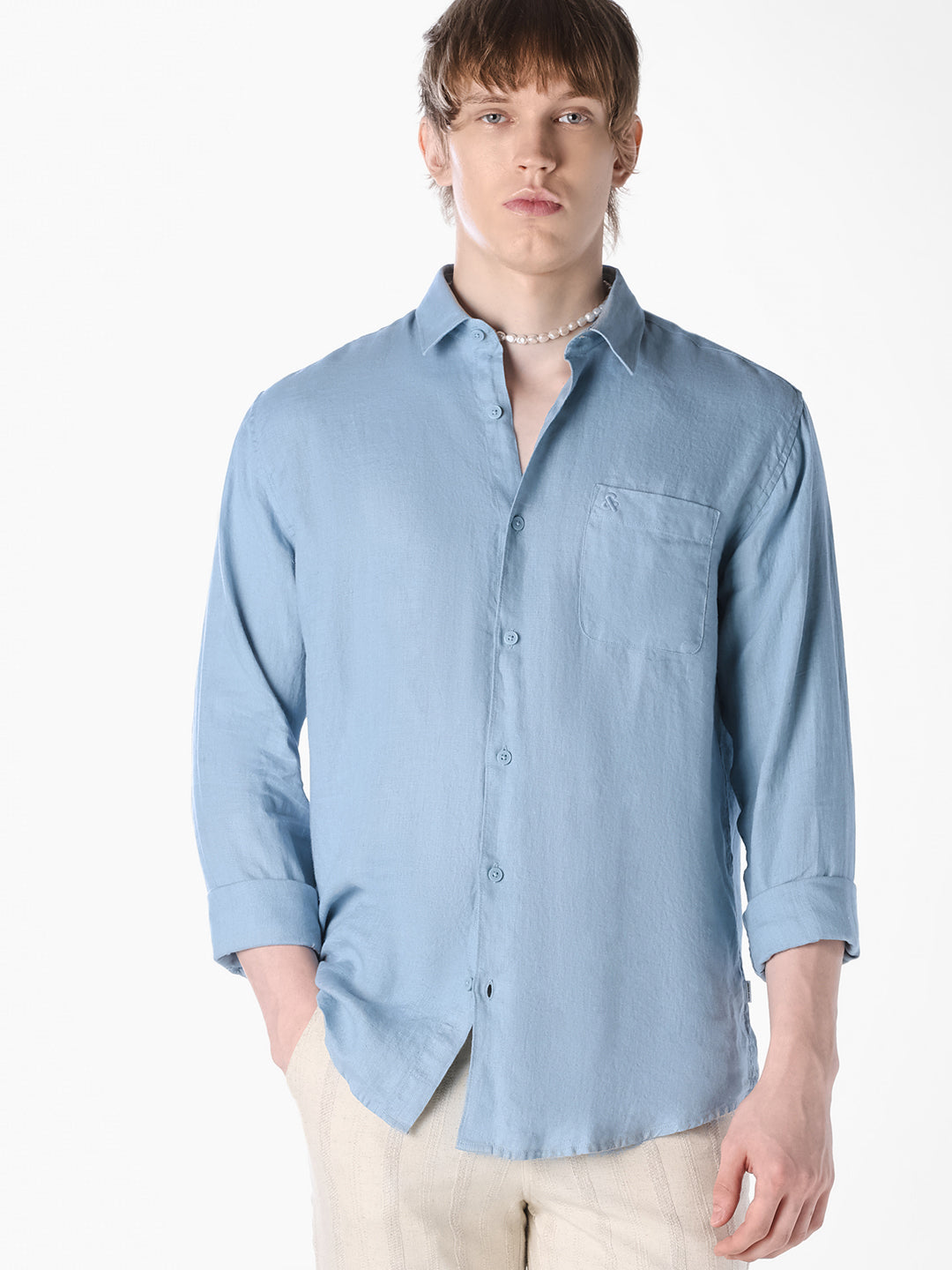 Blue Washed linen-cotton shirt