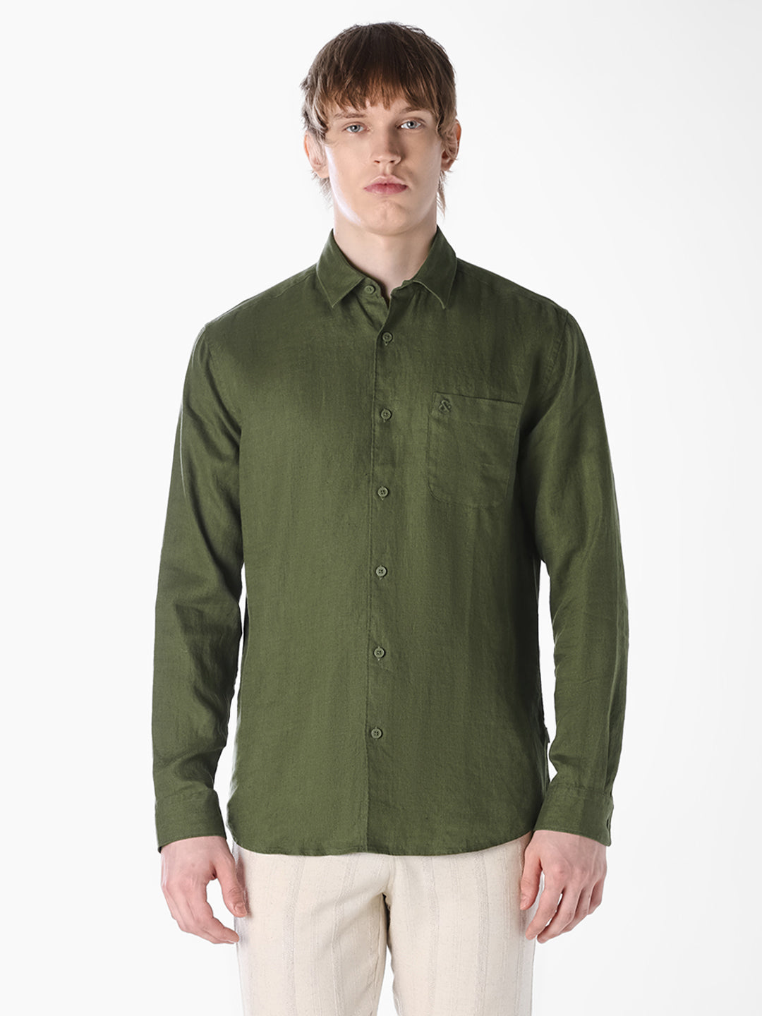 Olive Washed linen-cotton shirt
