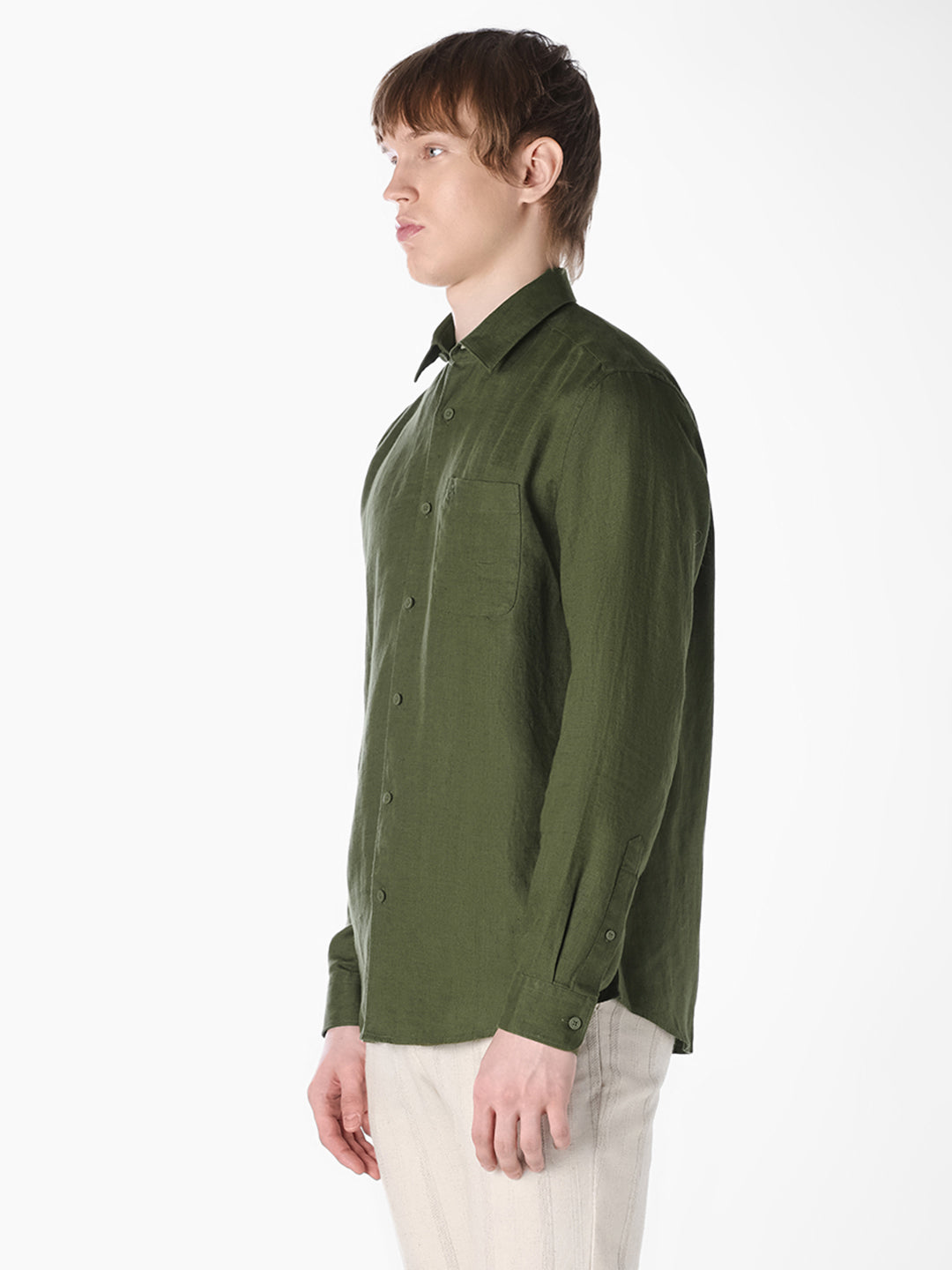 Olive Washed linen-cotton shirt
