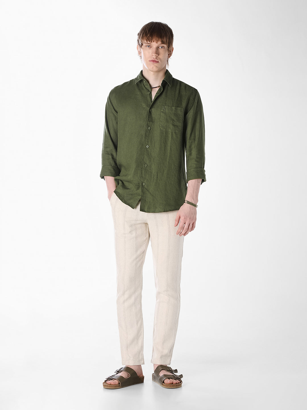 Olive Washed linen-cotton shirt