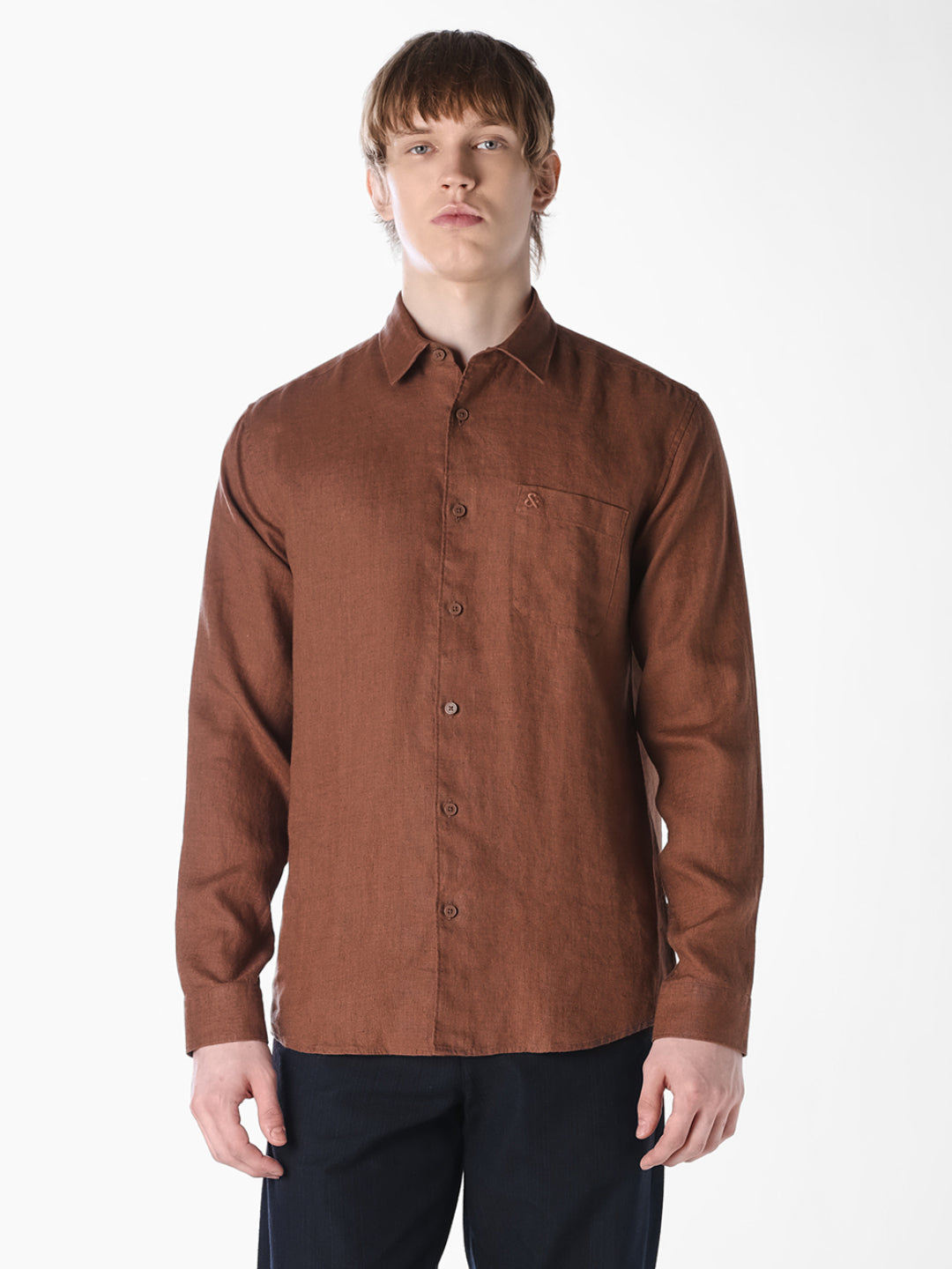 Brown Washed linen-cotton shirt