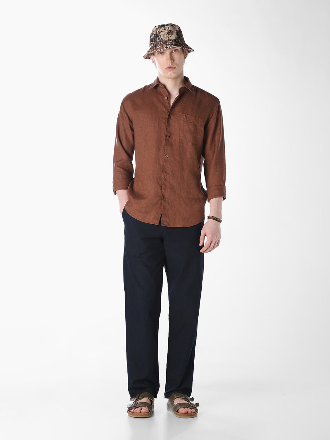 Brown Washed linen-cotton shirt