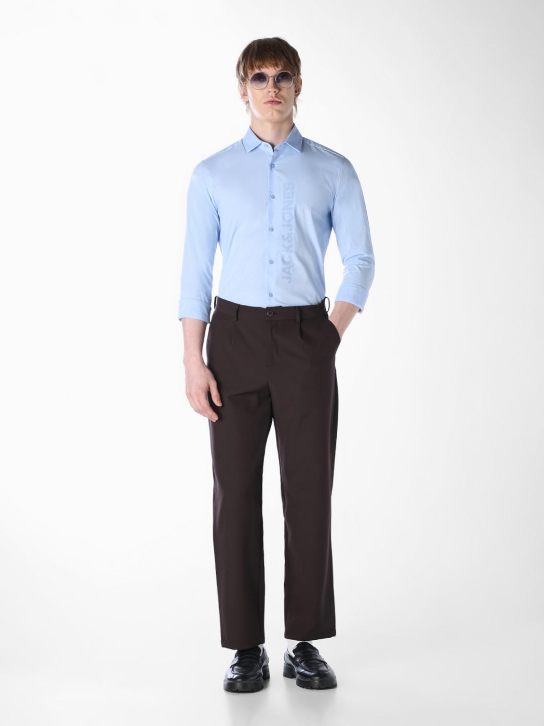 Light Blue Logo Print Slim Fit Shirt