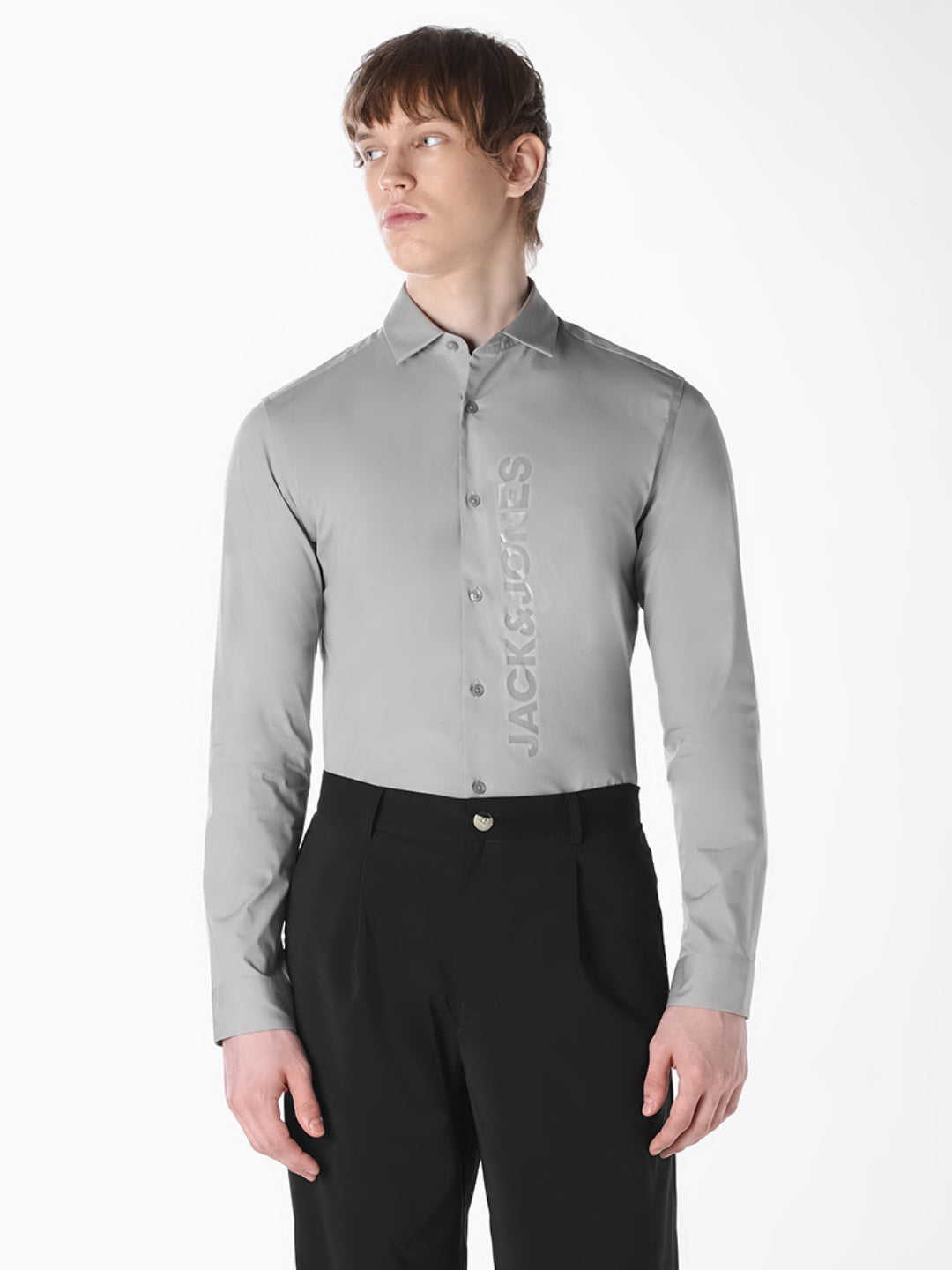 Grey Logo Print Slim Fit Shirt
