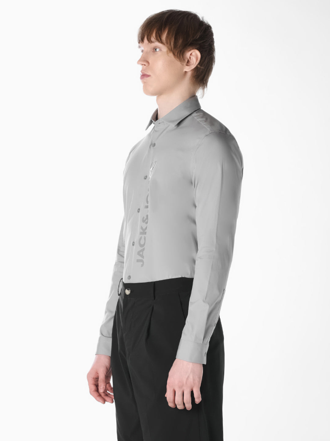 Grey Logo Print Slim Fit Shirt