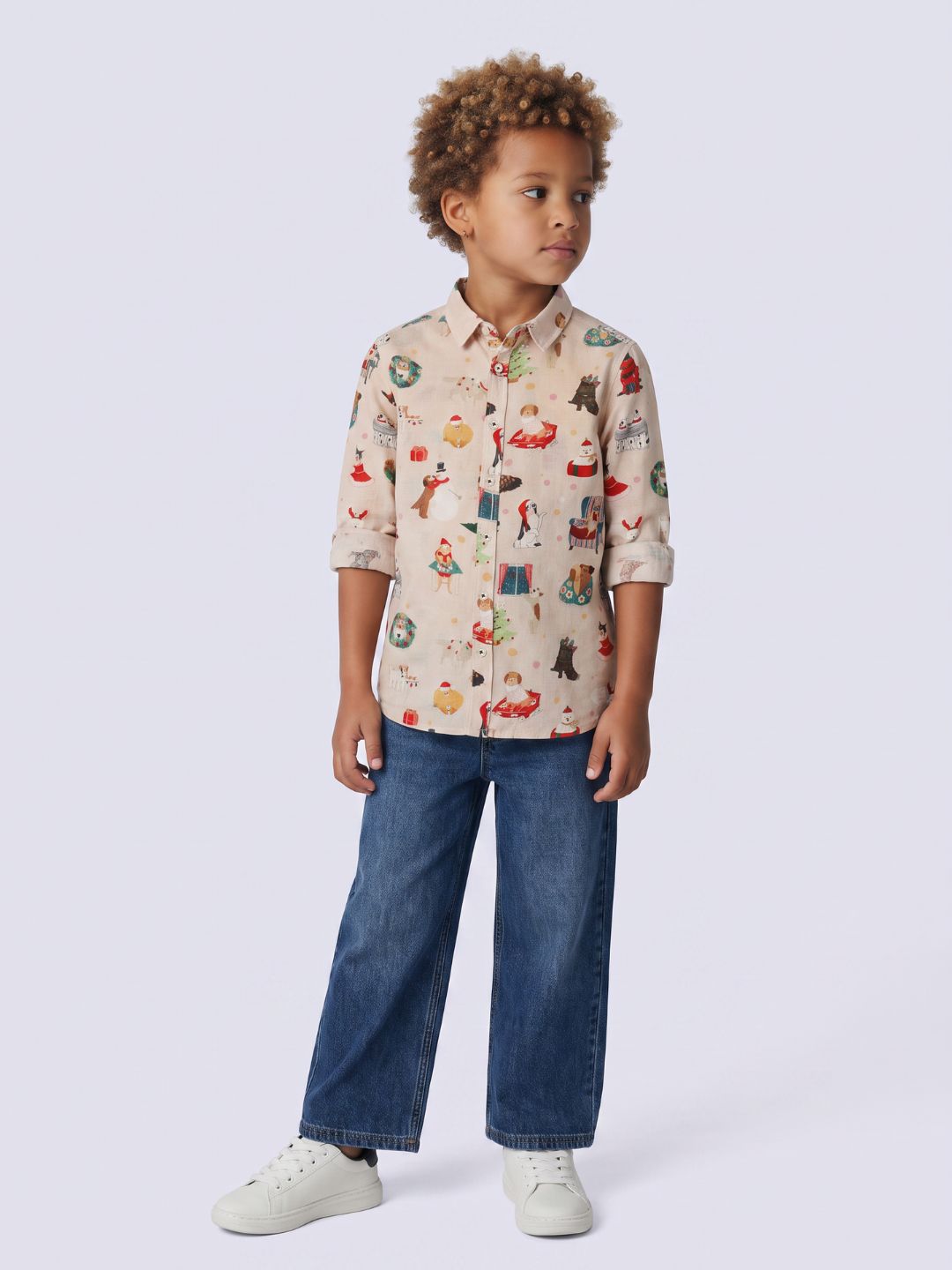 Boys Beige Printed Cotton Shirt
