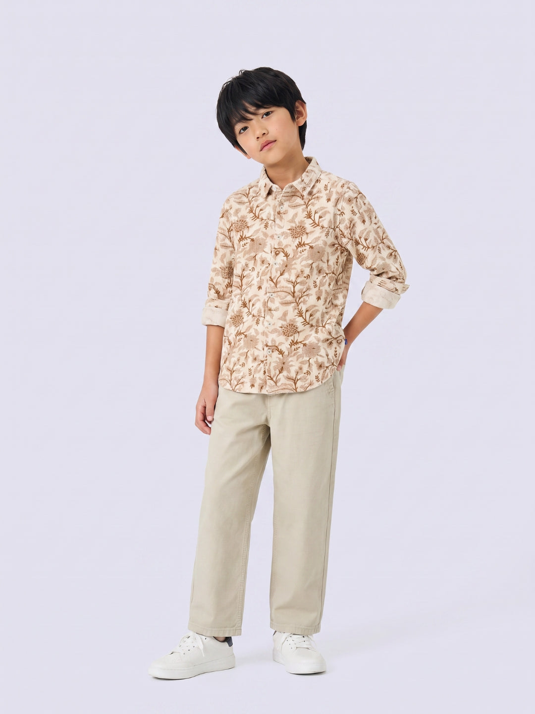 Boys Beige Printed Shirt