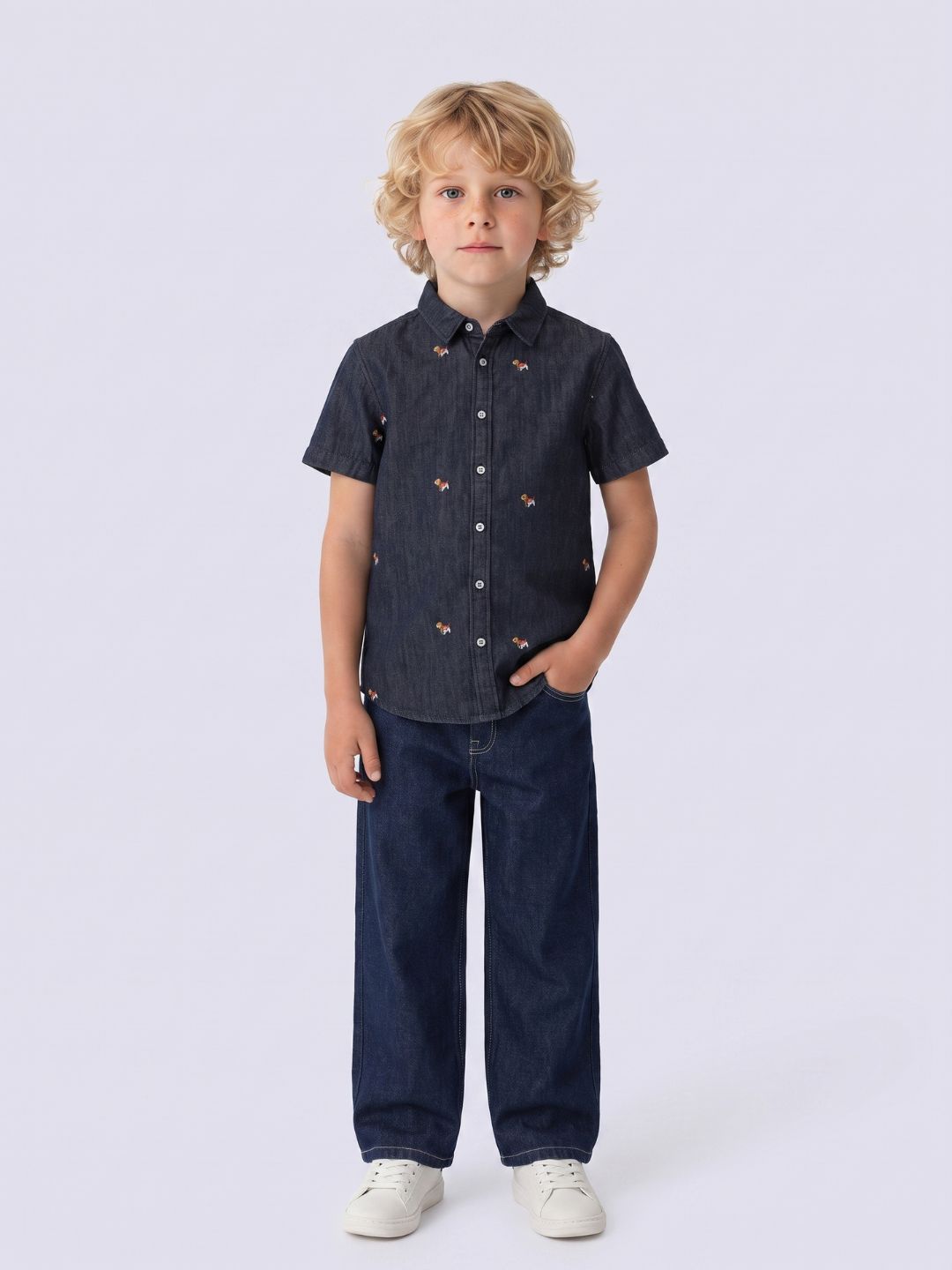 Boys Dark Blue Embroidered Shirts