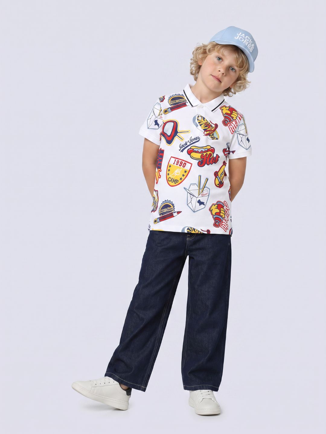 Boys White Printed Polo
