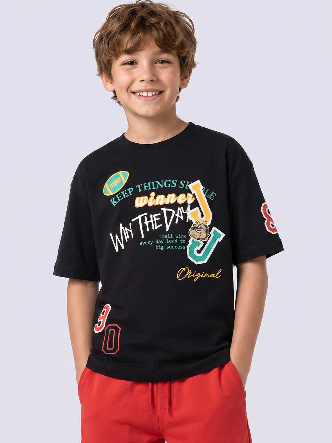 Boys Black Printed Cotton T-shirt