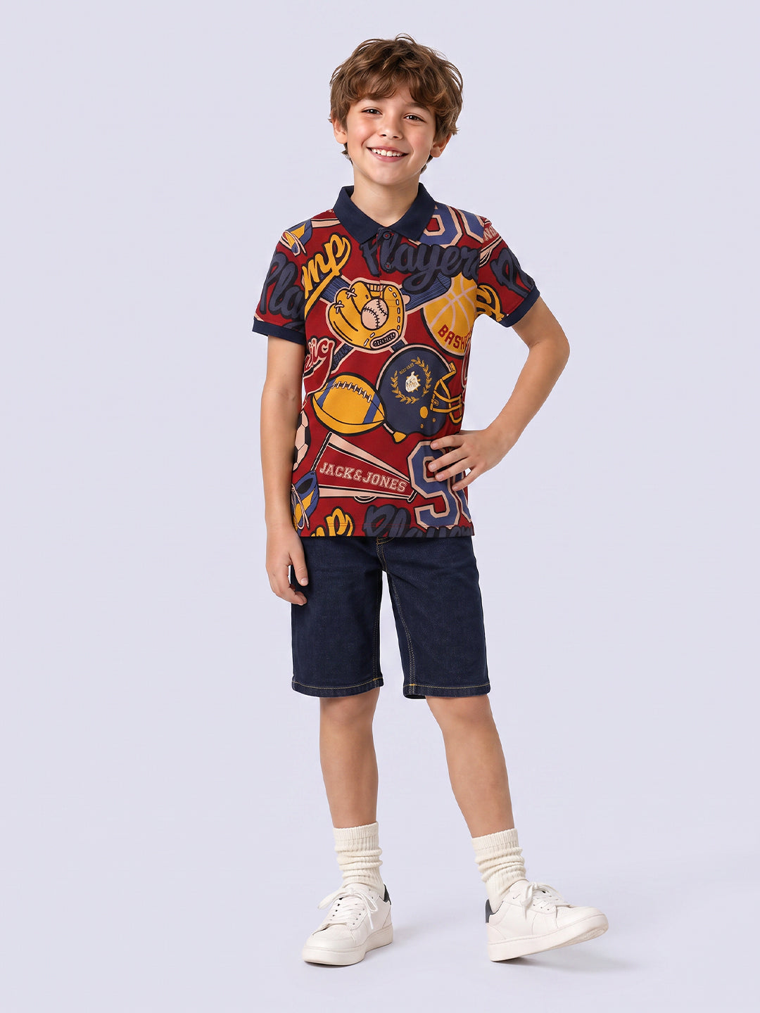 Boys Red Printed Cotton Polo