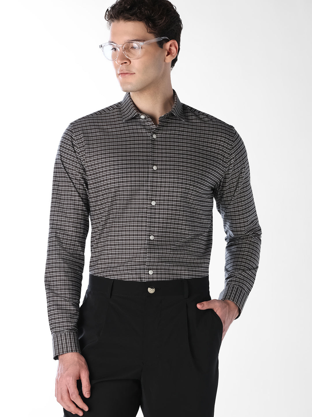 Brown Micro Check Cotton Shirt