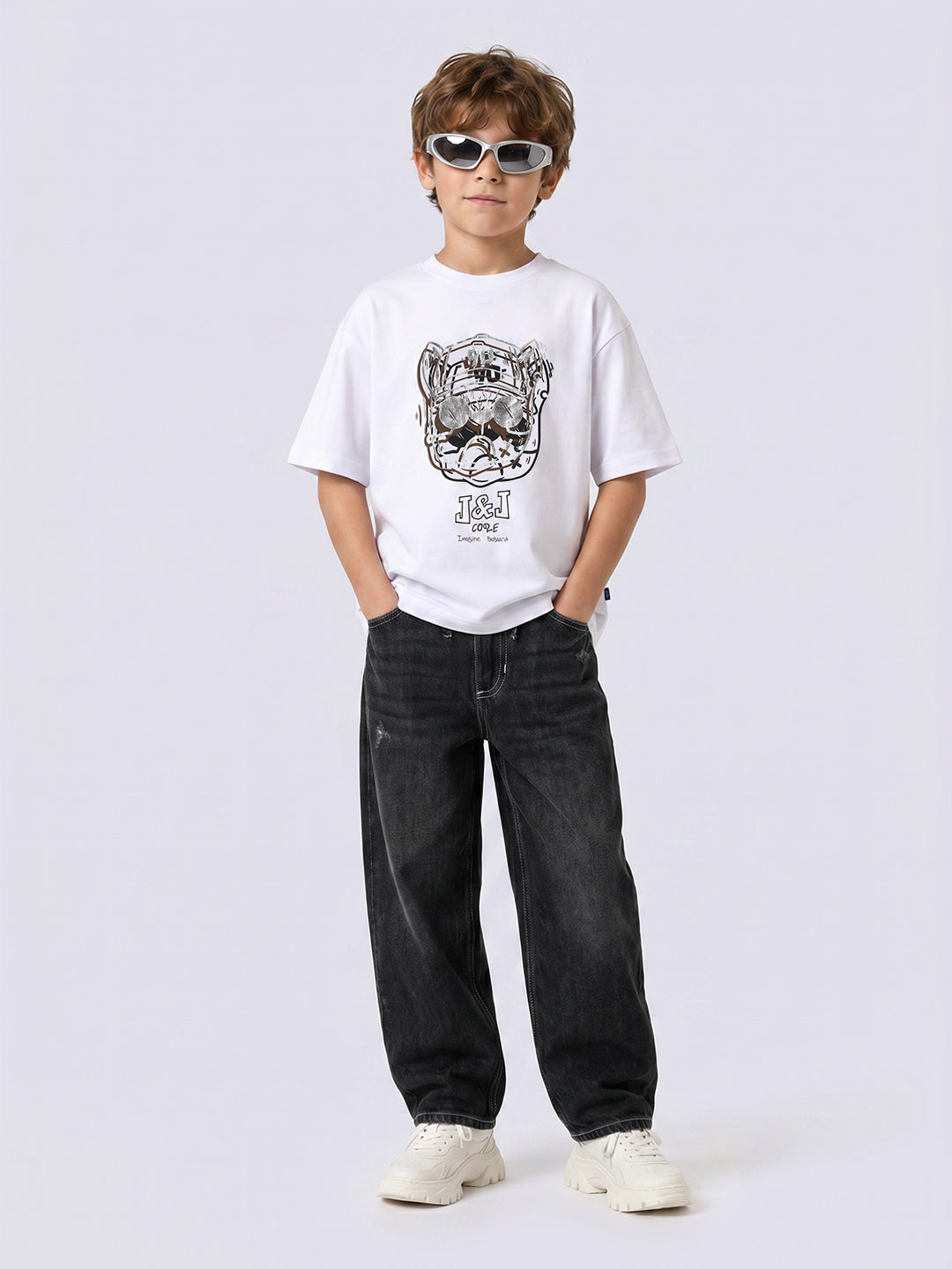 Boys White Foil Print Cotton T-shirt