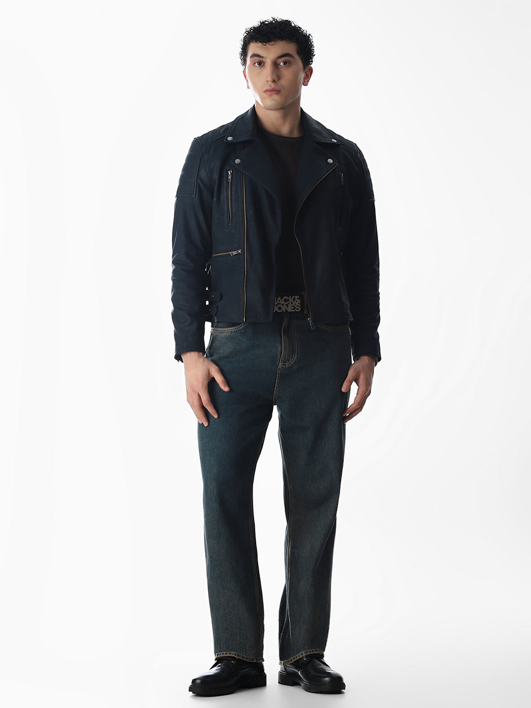 Navy Blue Leather Jacket