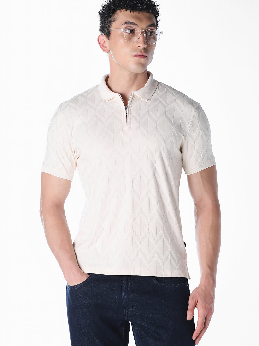 White Jacquard Regular Fit polos