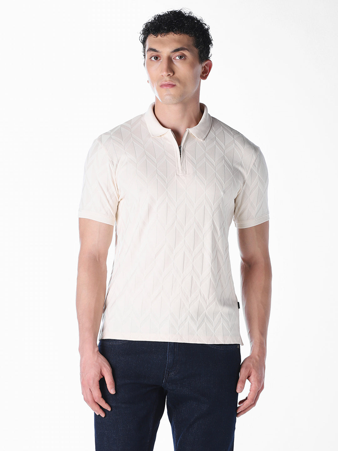 White Jacquard Regular Fit polos