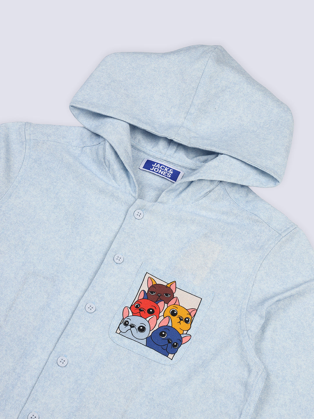 Boys Blue Printed Hooded Shirt
