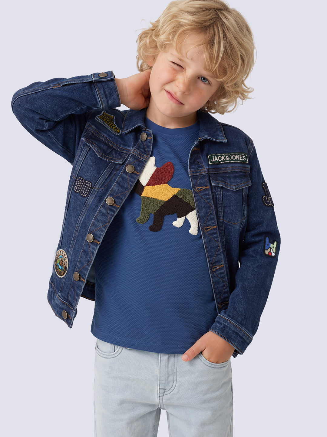 Boys Dark Blue Patchwork Printed Jacket