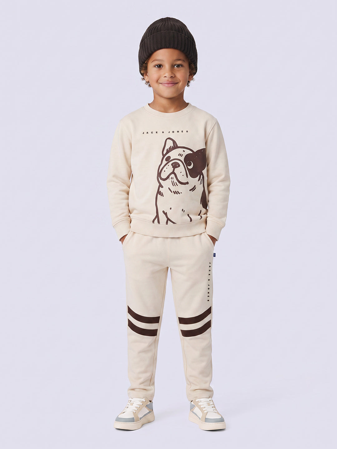 Boys Beige Printed Sweatpants