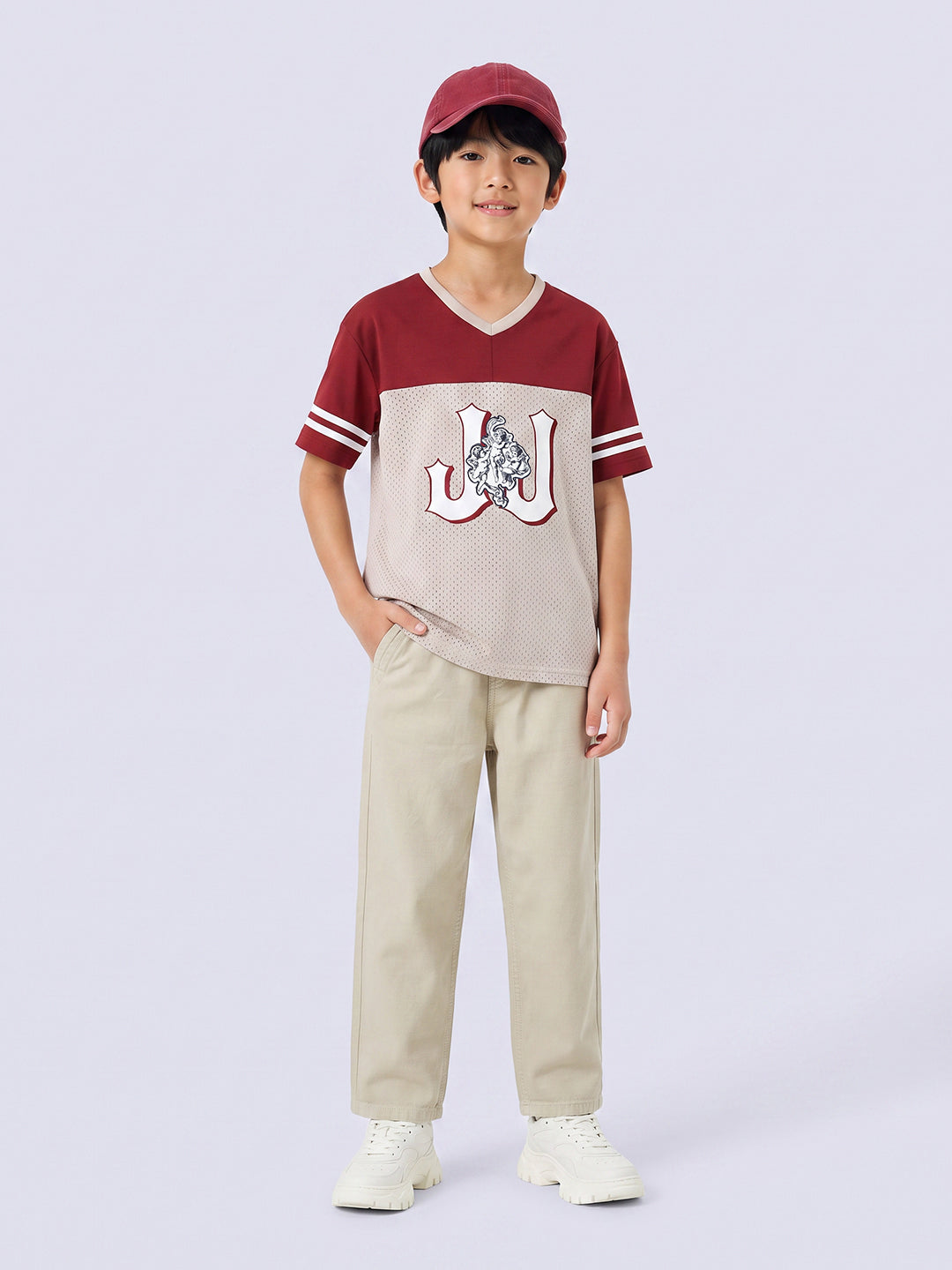 Boys Red Printed V-Neck T-shirt