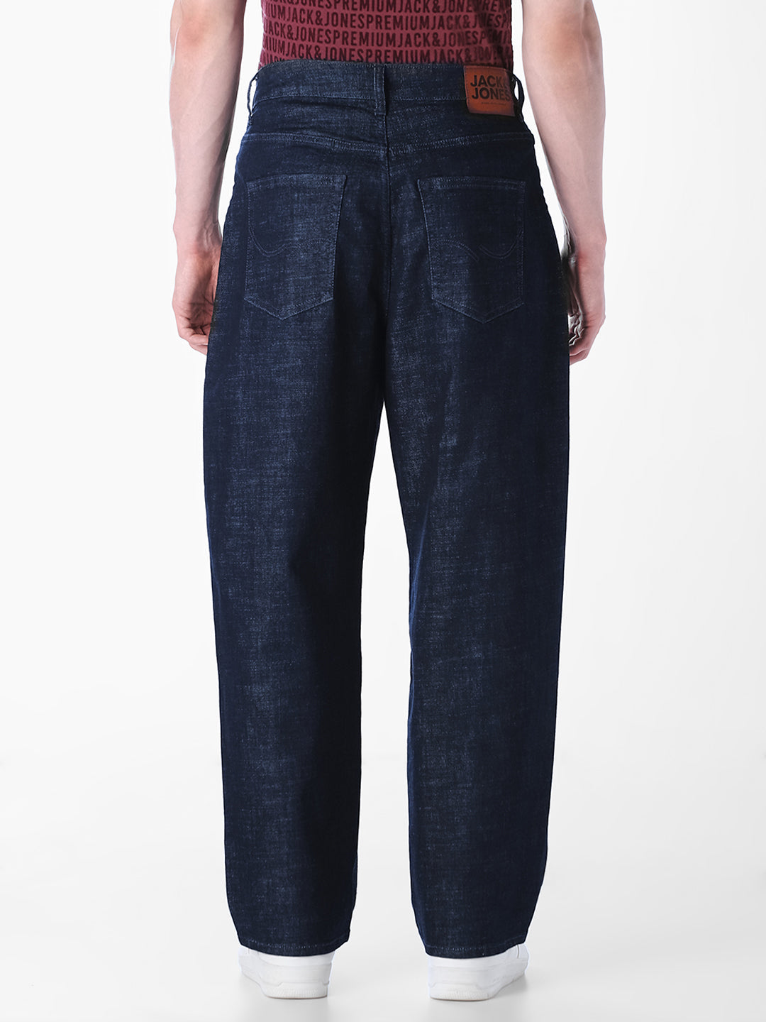 dark blue denim barrel fit jeans
