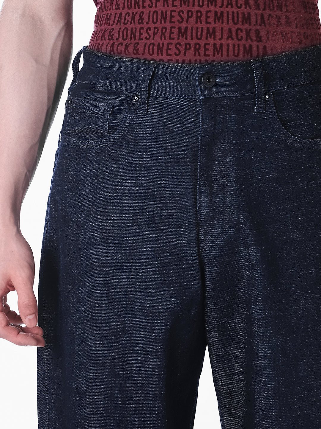 dark blue denim barrel fit jeans