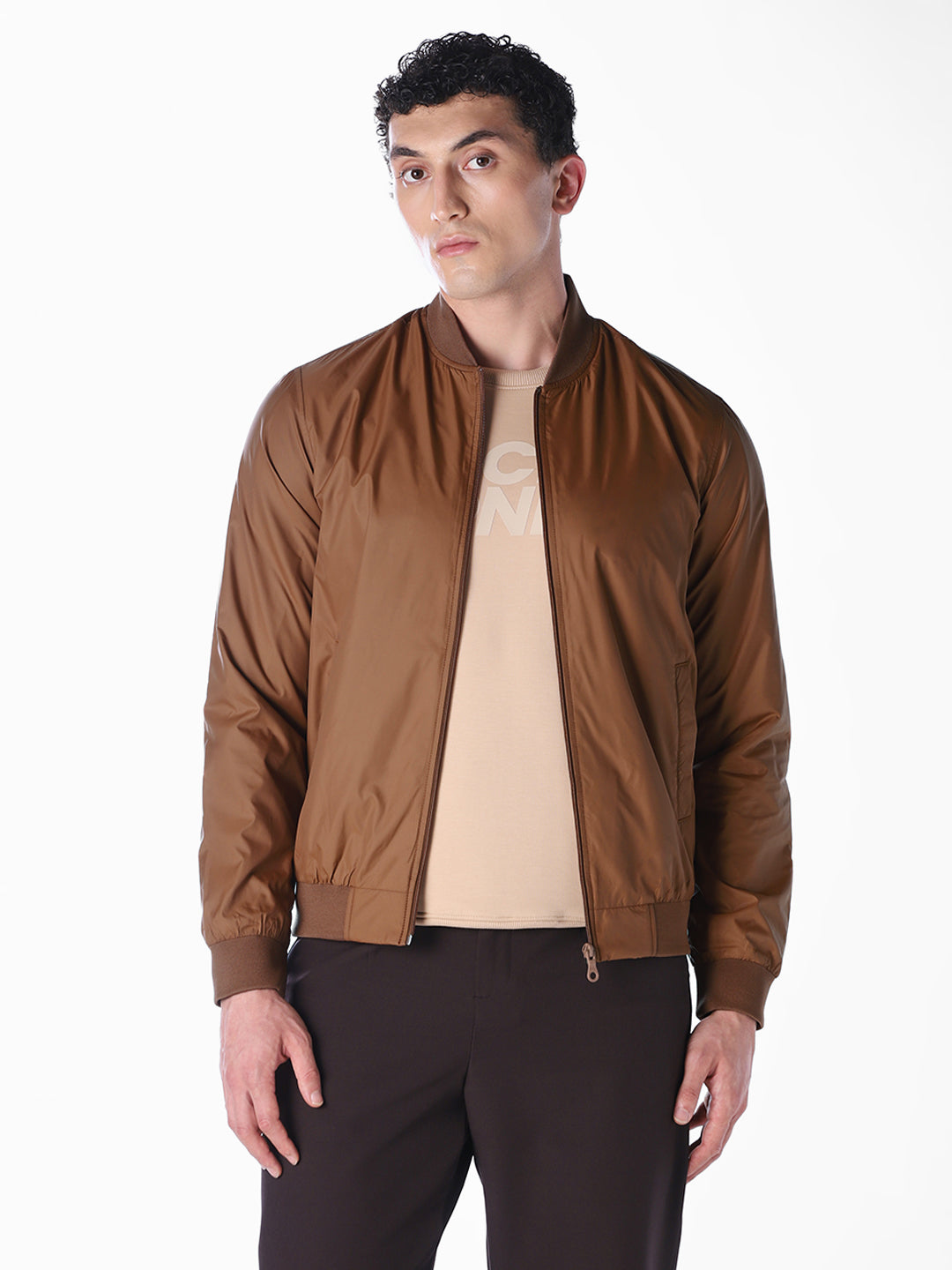 Grey Solid Regular Fit Bomber Jacket