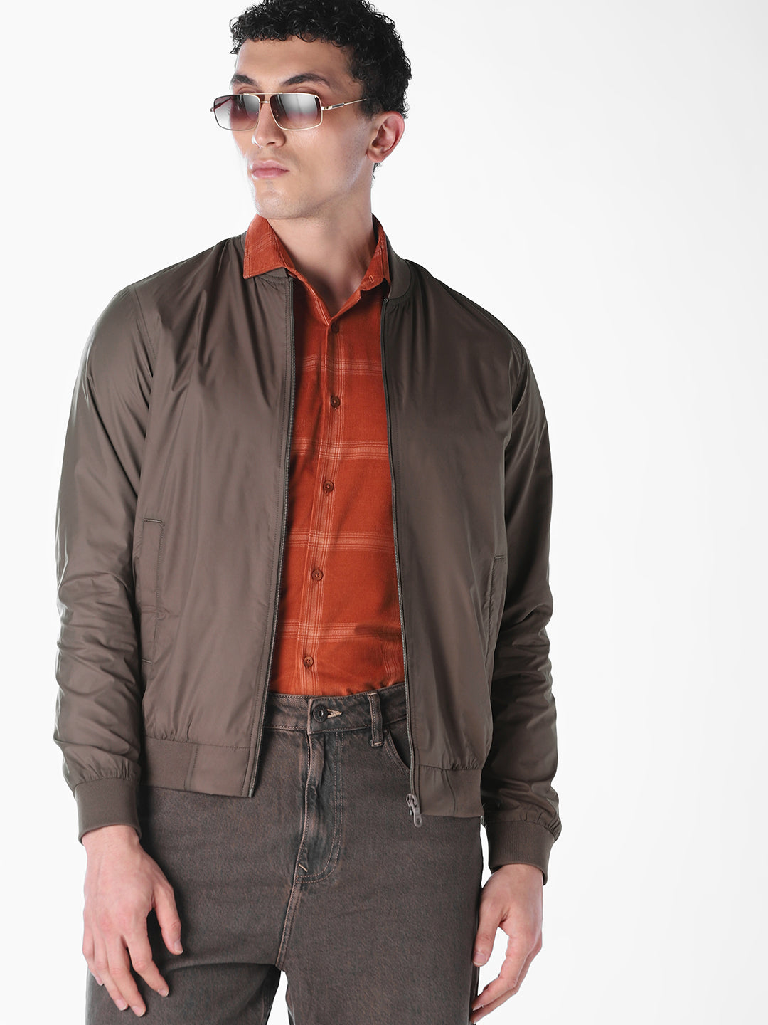 Brown Solid Regular Fit Bomber Jacket