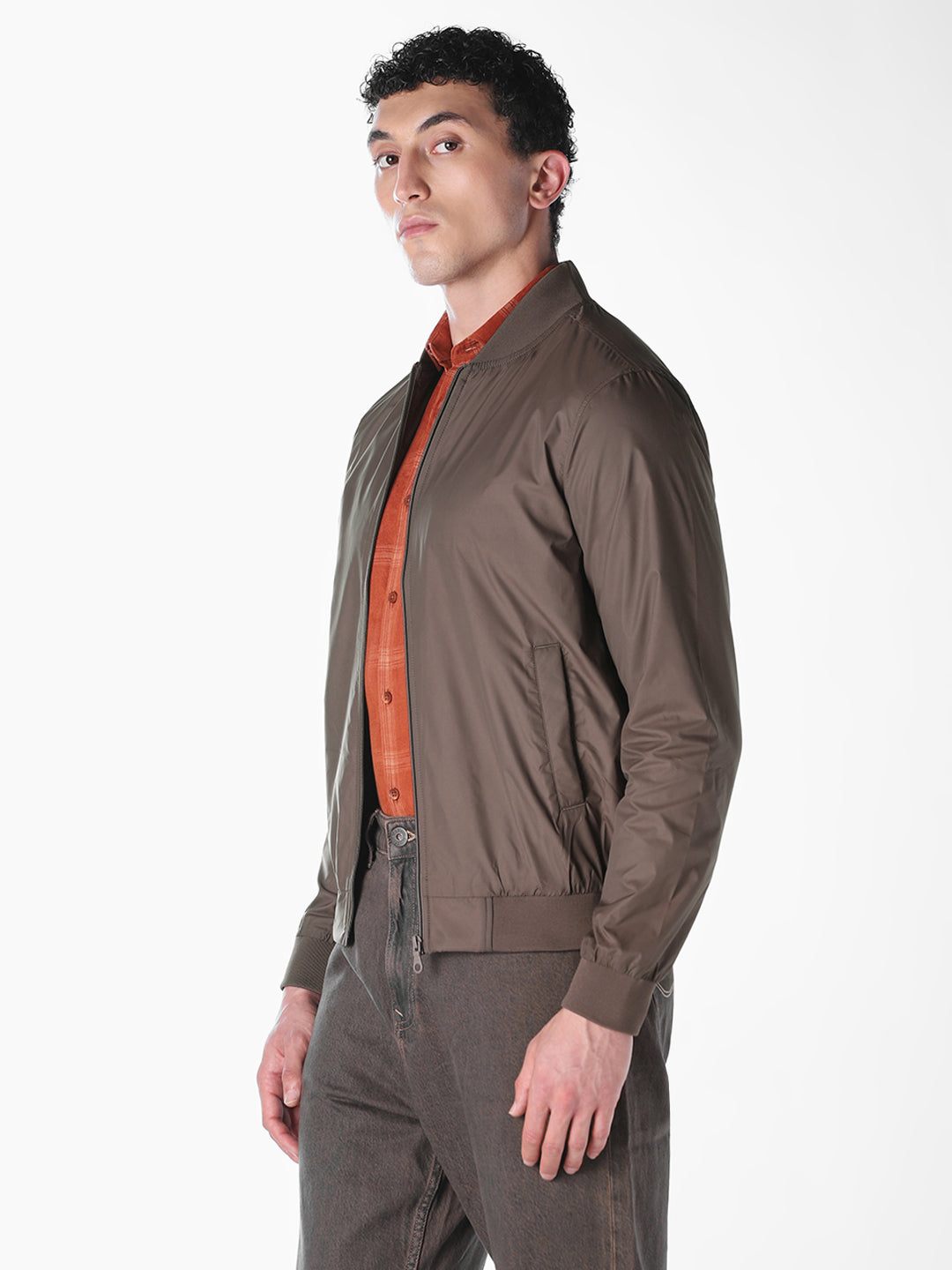 Brown Solid Regular Fit Bomber Jacket