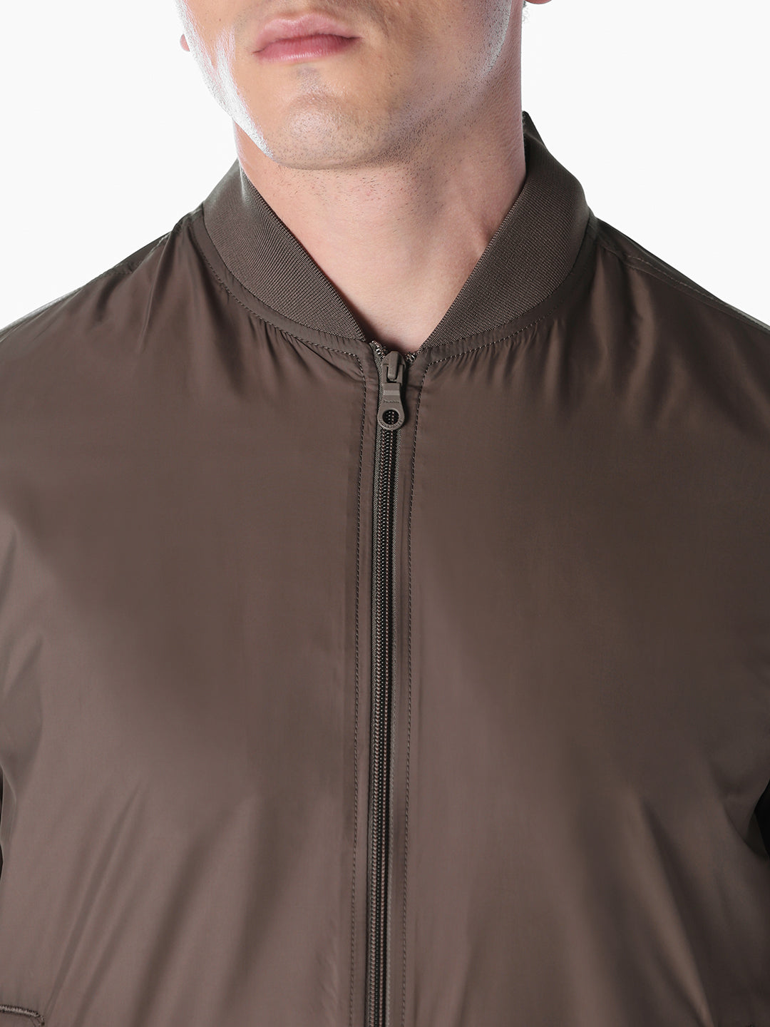 Brown Solid Regular Fit Bomber Jacket