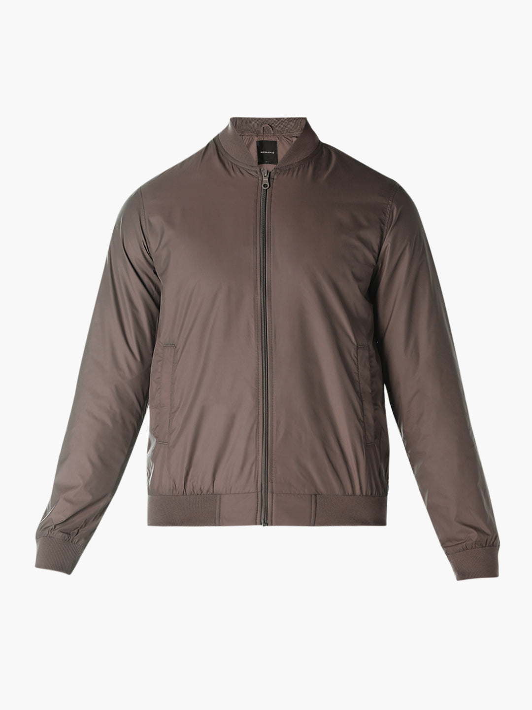 Brown Solid Regular Fit Bomber Jacket