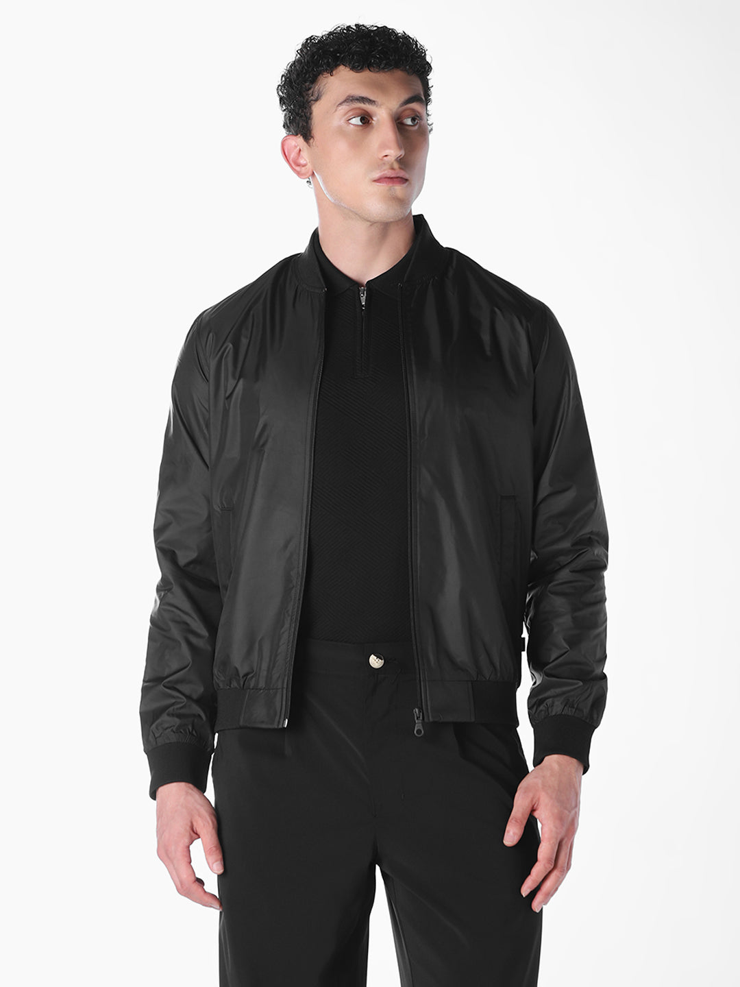 Black Solid Regular Fit Bomber Jacket