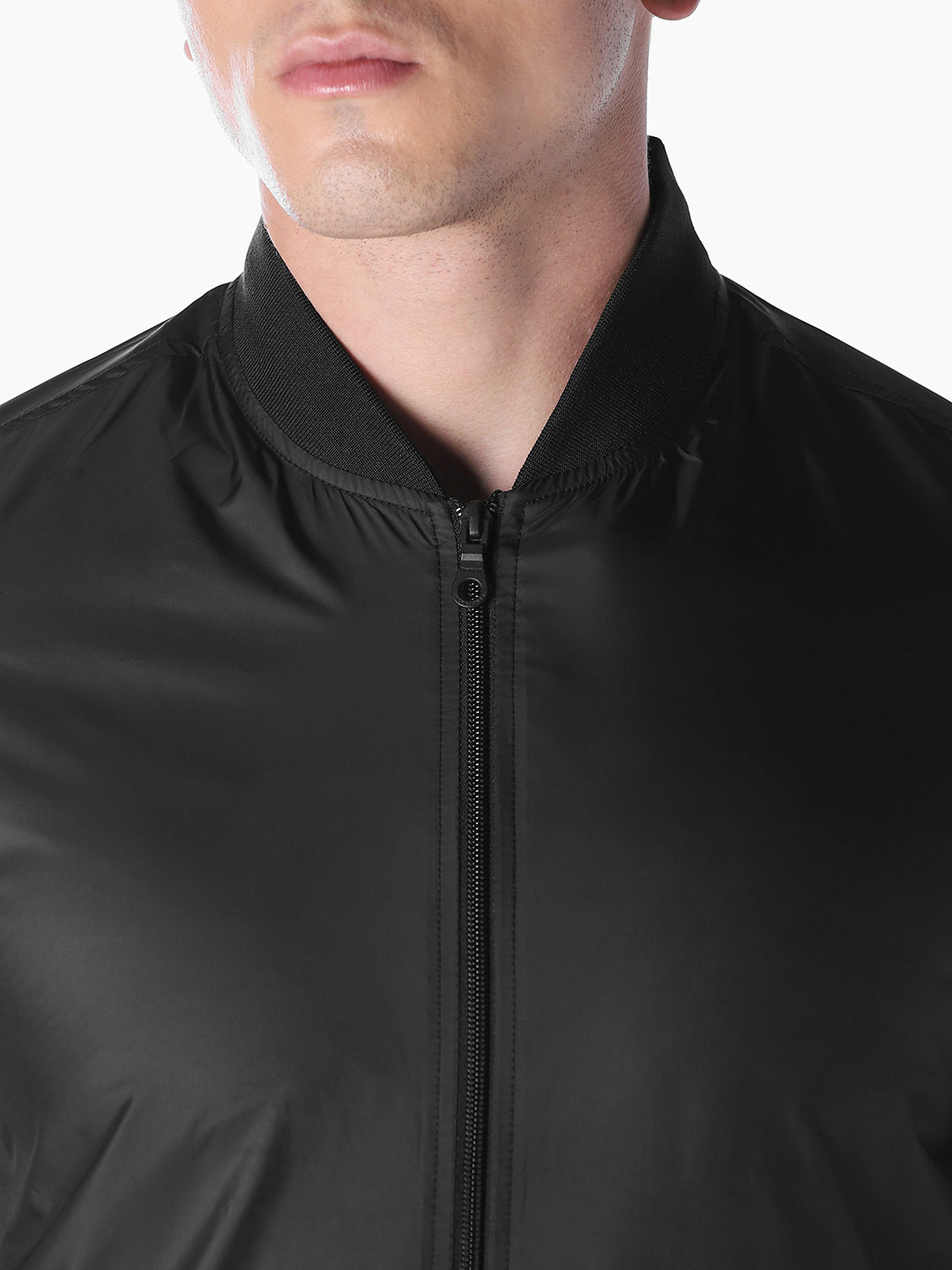 Black Solid Regular Fit Bomber Jacket