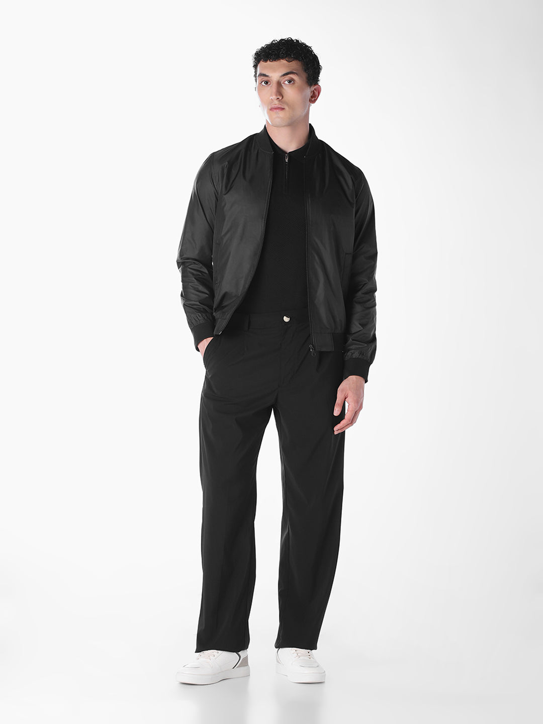 Black Solid Regular Fit Bomber Jacket
