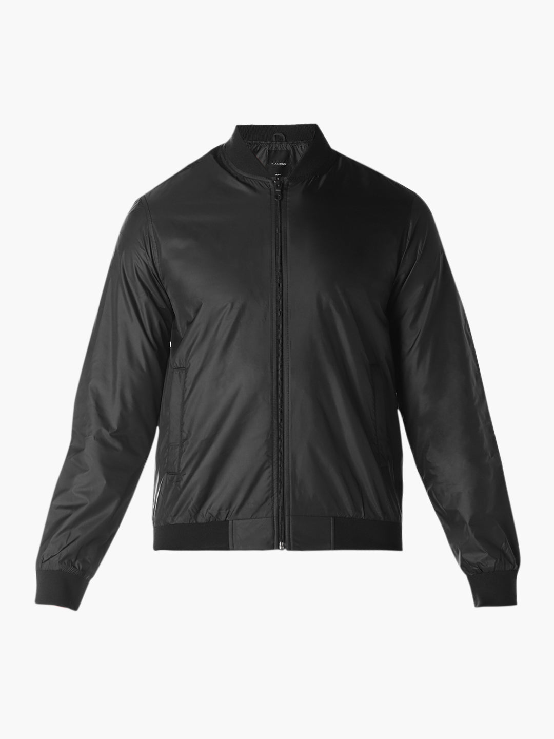 Black Solid Regular Fit Bomber Jacket