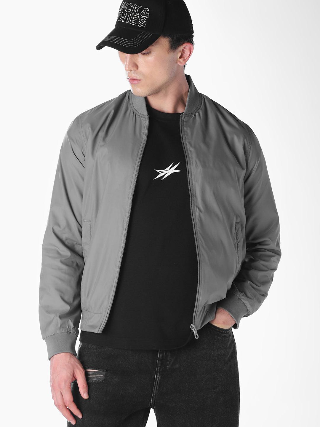 Grey Solid Regular Fit Bomber Jacket