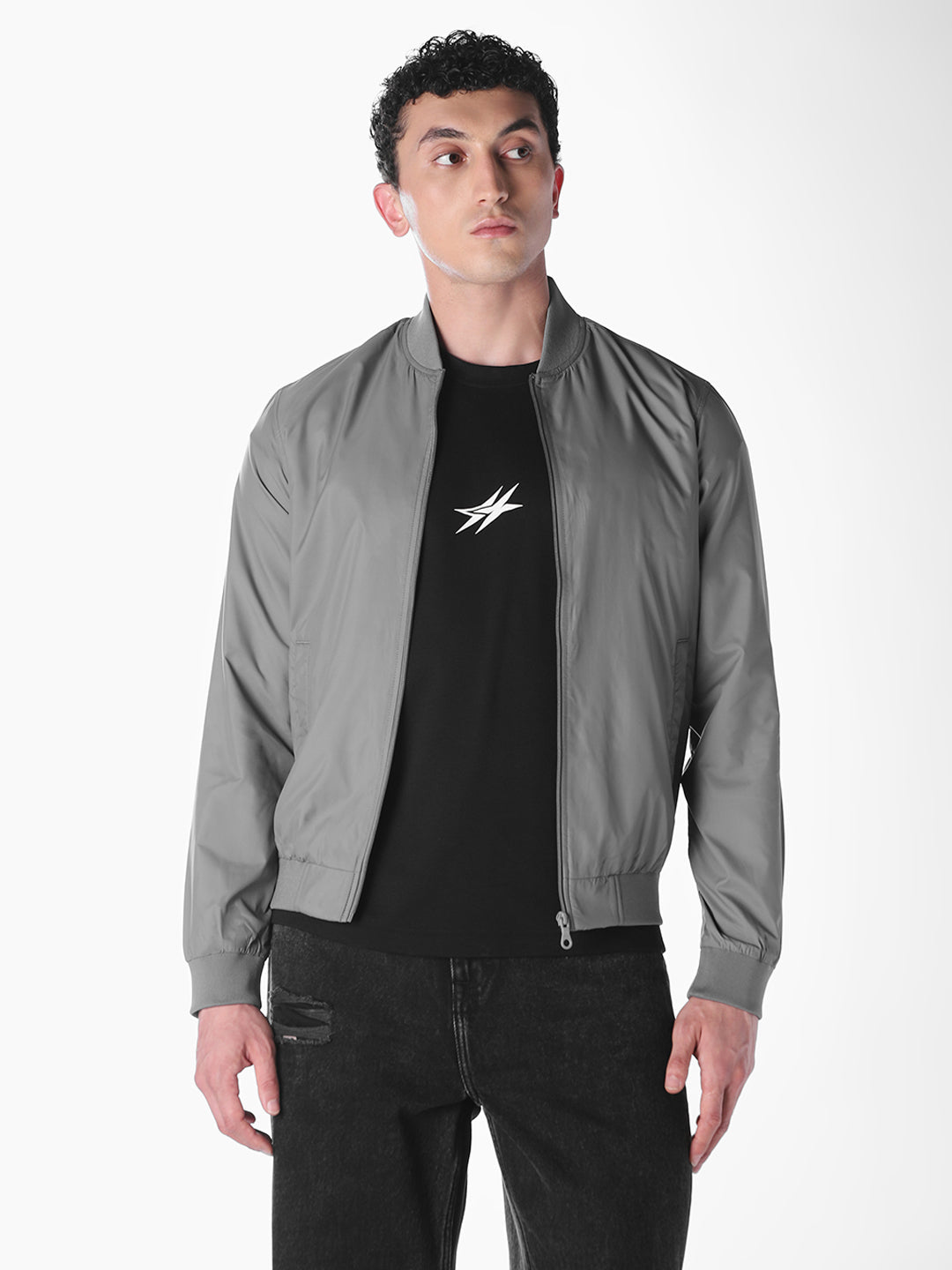 Grey Solid Regular Fit Bomber Jacket