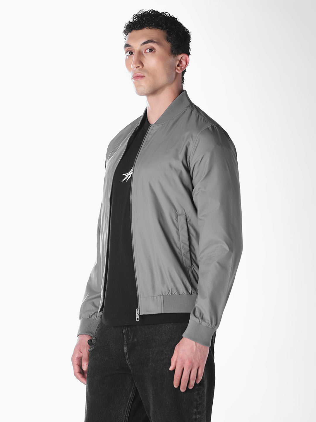 Grey Solid Regular Fit Bomber Jacket