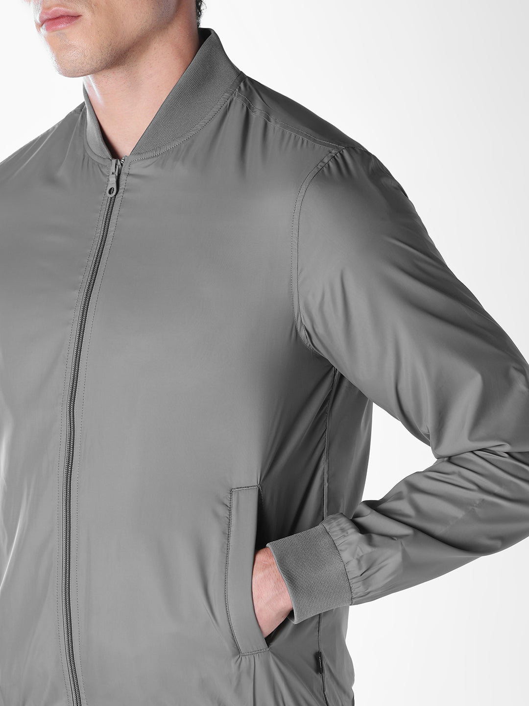 Grey Solid Regular Fit Bomber Jacket