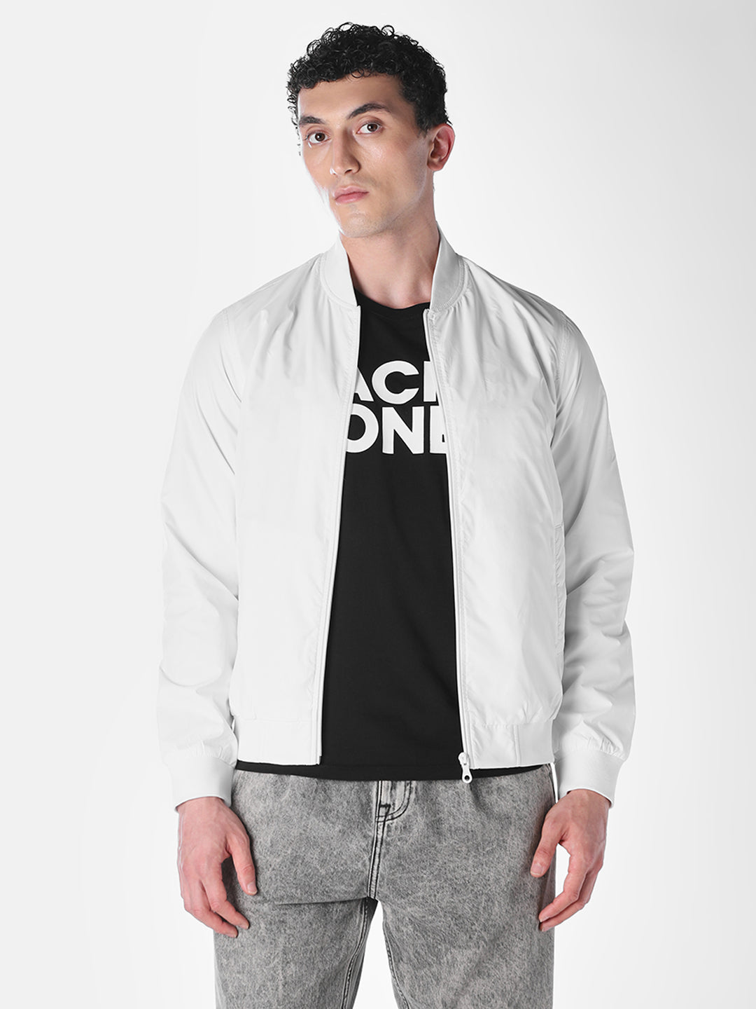 White Solid Regular Fit Bomber Jacket