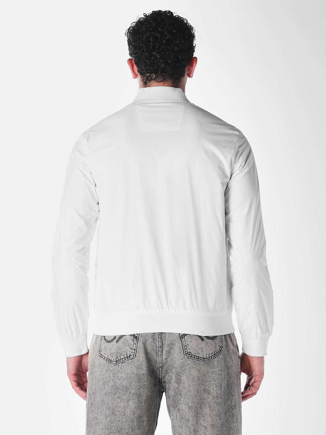 White Solid Regular Fit Bomber Jacket