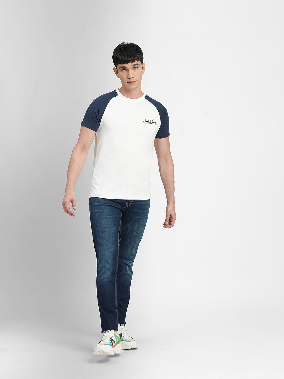 White Colourblocked Crew Neck T-shirt
