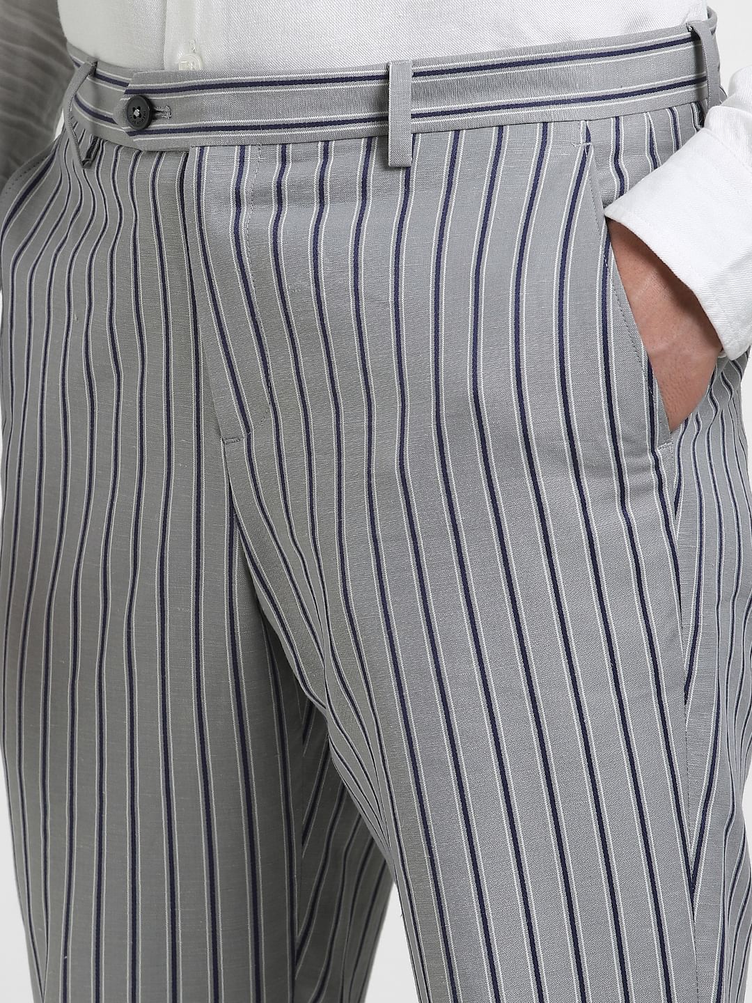 Grey Mid Rise Striped Pants