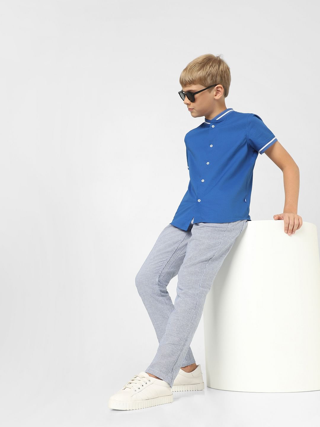Boys Blue Mid Rise Striped Pants - 4/5Y