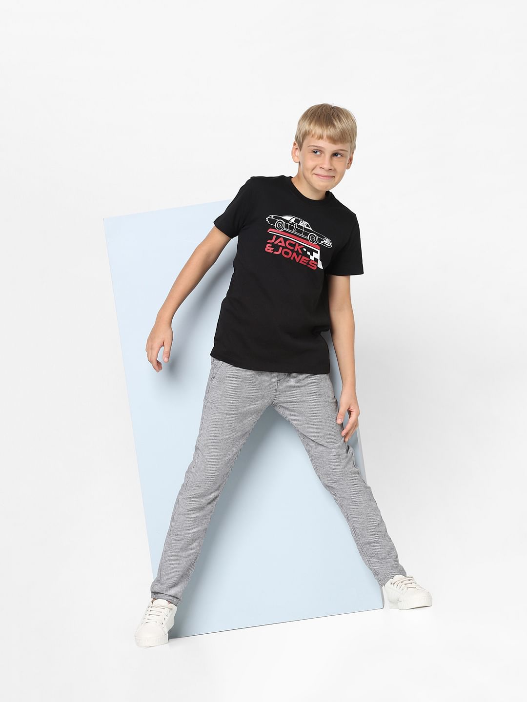 Boys White Mid Rise Striped Pants - 4/5Y