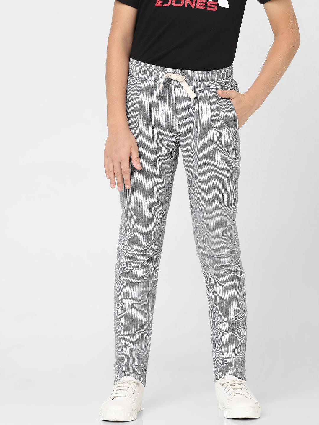 Boys White Mid Rise Striped Pants