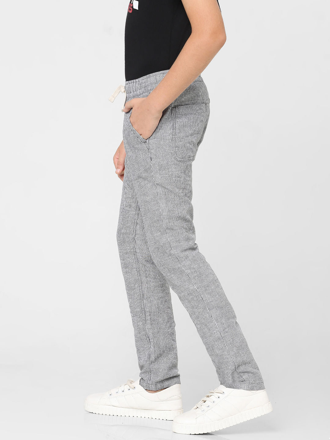 Boys White Mid Rise Striped Pants