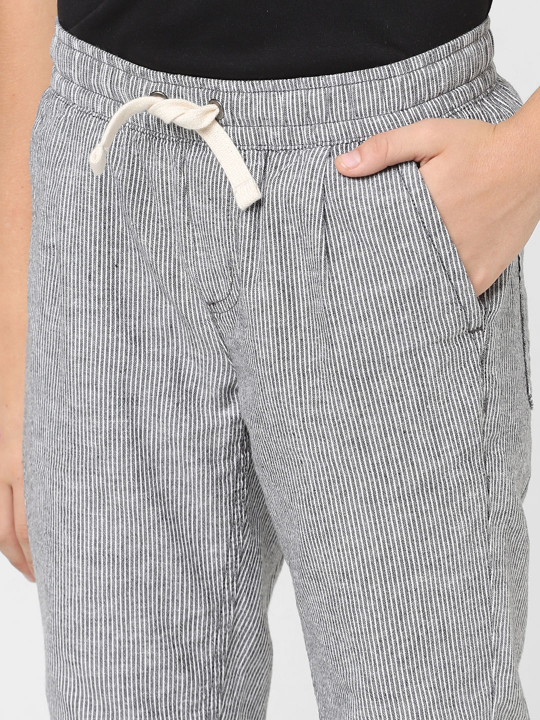 Boys White Mid Rise Striped Pants