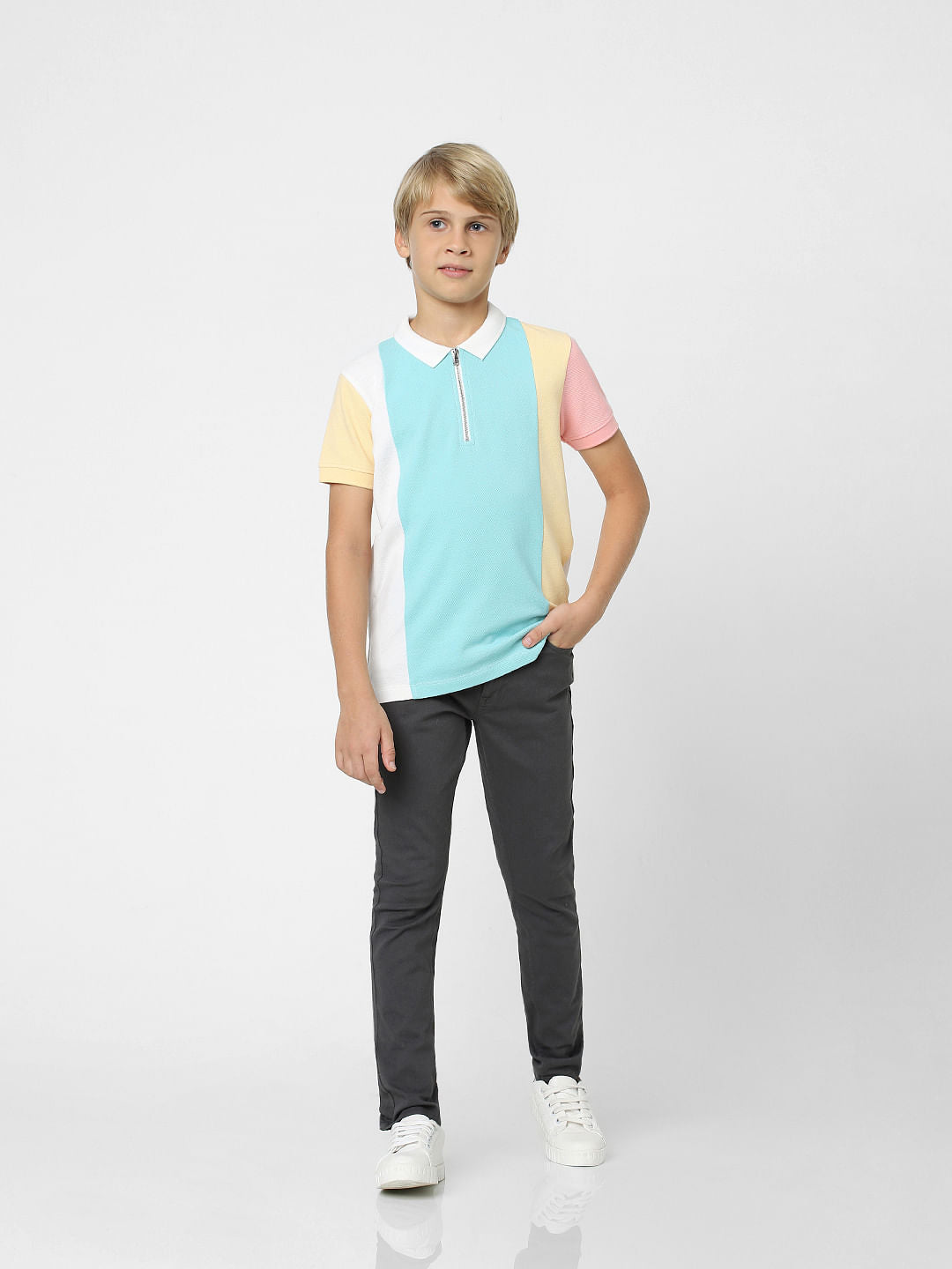 Boys White Colourblocked Polo T-shirt